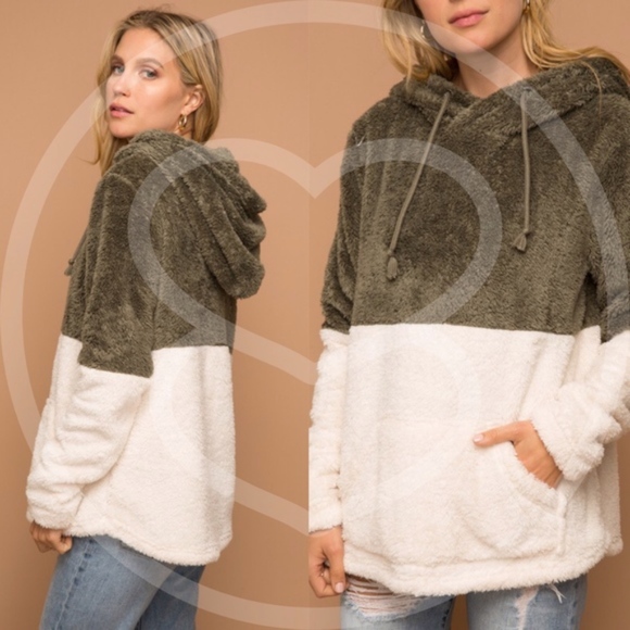04 Cozy Olive Color Block Pockets Hoodie Pullover Sweater - Picture 2 of 2